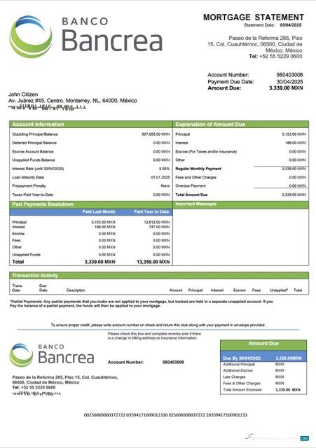Download Mexico Bancrea mortgage statement Word and PDF template Photoshop template